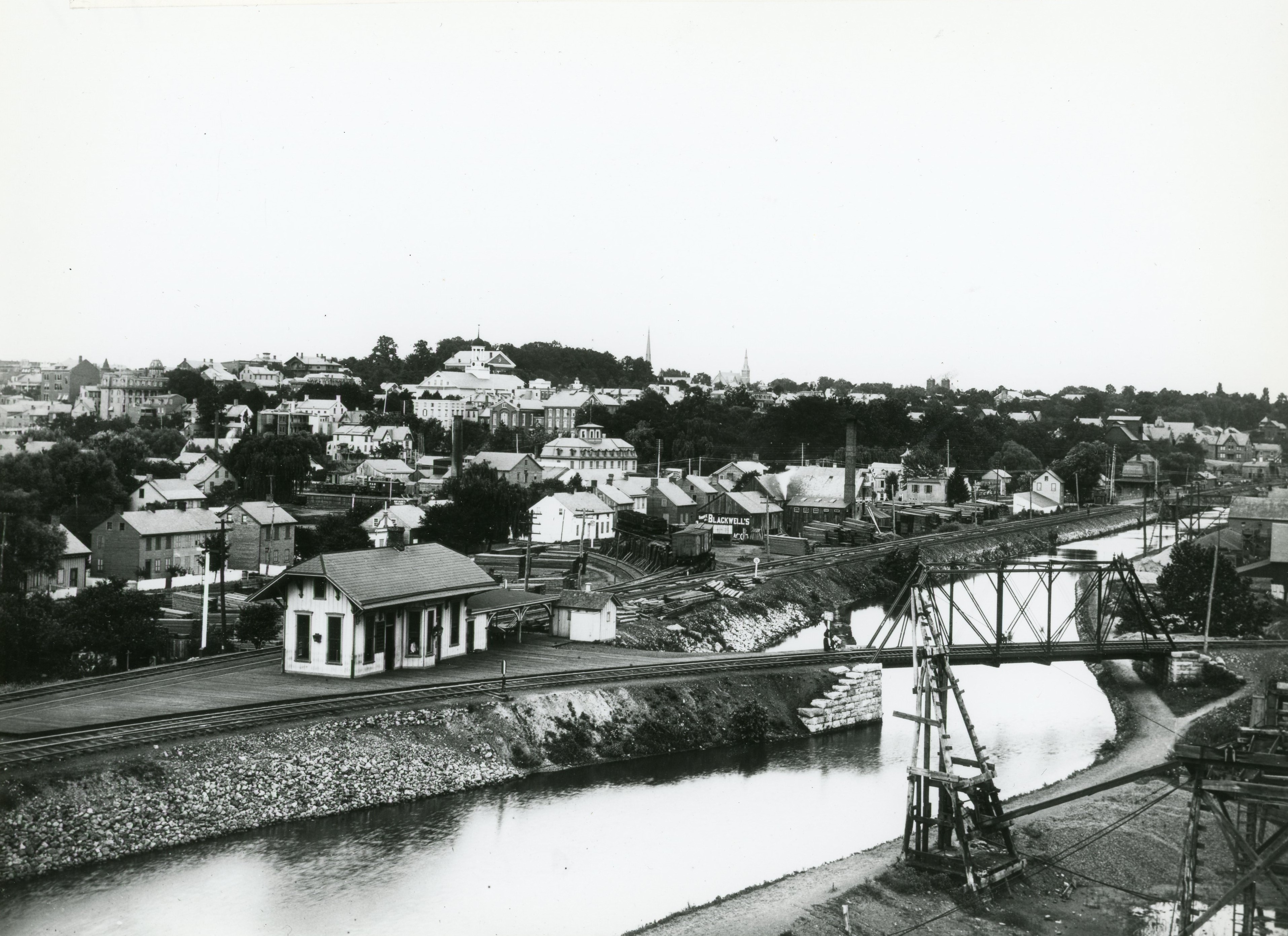 A view of Bethlehem looking northeast over the Lehigh Canal. Central Moravian Church can be seen in the distance.